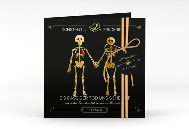 Hochzeitseinladung Bones quadr. Klappkarte schwarz gold