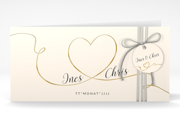 Hochzeitseinladung Dolce lange Klappkarte quer beige gold