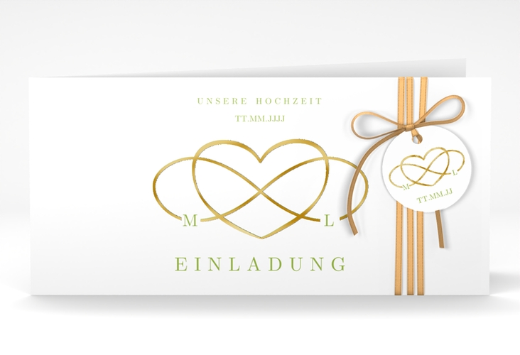 Hochzeitseinladung Infinity lange Klappkarte quer gruen gold