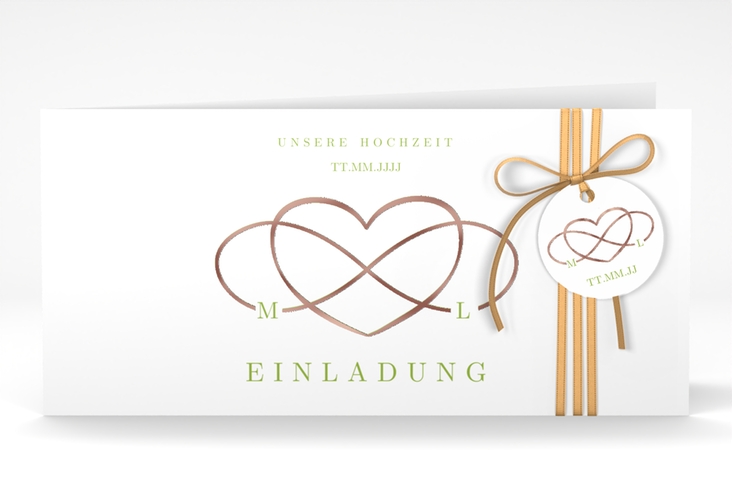 Hochzeitseinladung Infinity lange Klappkarte quer gruen rosegold