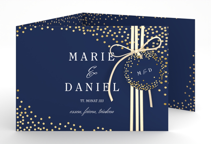 Hochzeitseinladung Glitter A6 Doppel-Klappkarte blau gold