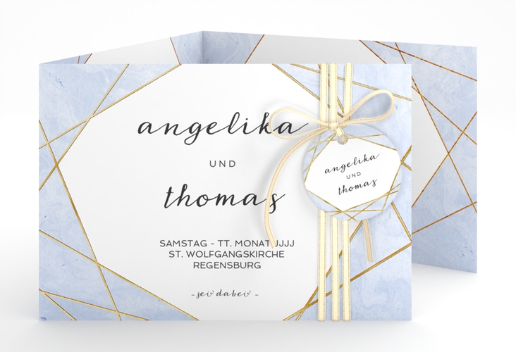 Hochzeitseinladung Asymmetry A6 Doppel-Klappkarte blau gold