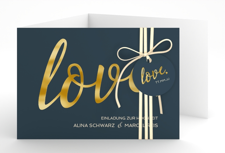 Hochzeitseinladung Glam A6 Doppel-Klappkarte blau gold