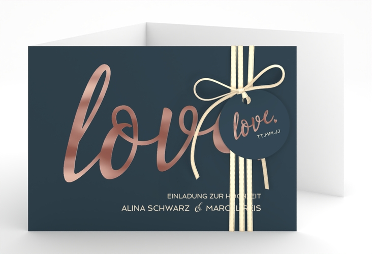 Hochzeitseinladung Glam A6 Doppel-Klappkarte blau rosegold