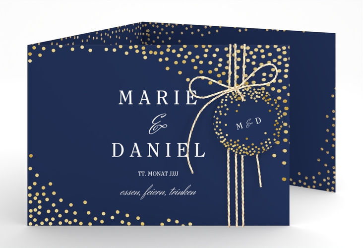 Hochzeitseinladung Glitter A6 Doppel-Klappkarte blau gold