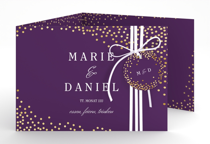 Hochzeitseinladung Glitter A6 Doppel-Klappkarte lila gold