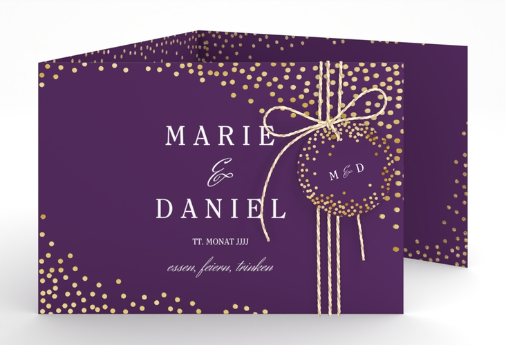 Hochzeitseinladung Glitter A6 Doppel-Klappkarte lila gold