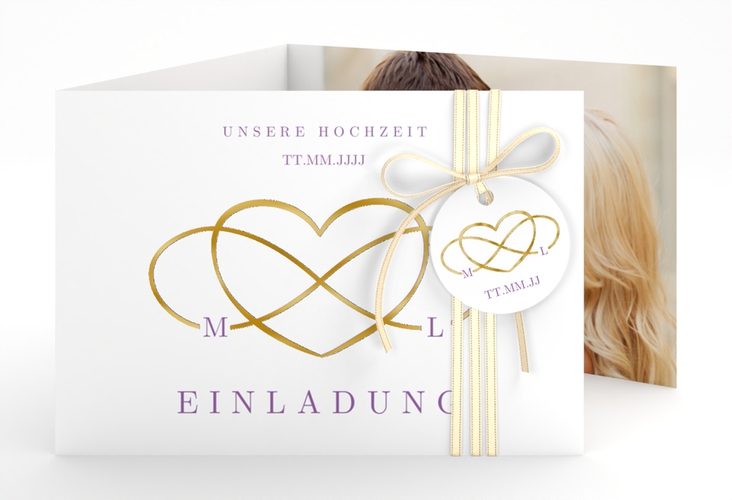 Hochzeitseinladung Infinity A6 Doppel-Klappkarte lila gold