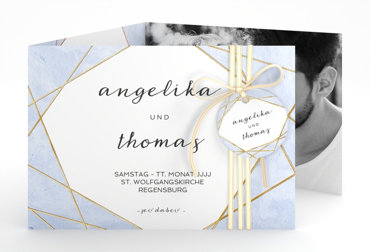 Hochzeitseinladung Asymmetry A6 Doppel-Klappkarte blau gold