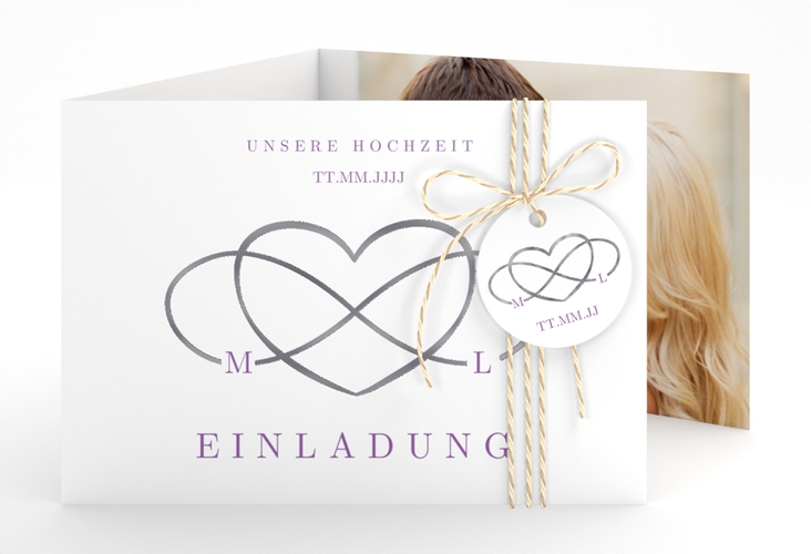 Hochzeitseinladung Infinity A6 Doppel-Klappkarte lila silber