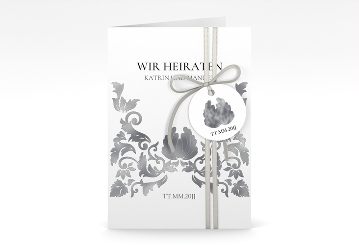 Einladungskarte Hochzeit Royal A6 Klappkarte hoch weiss silber mit barockem Blumen-Ornament