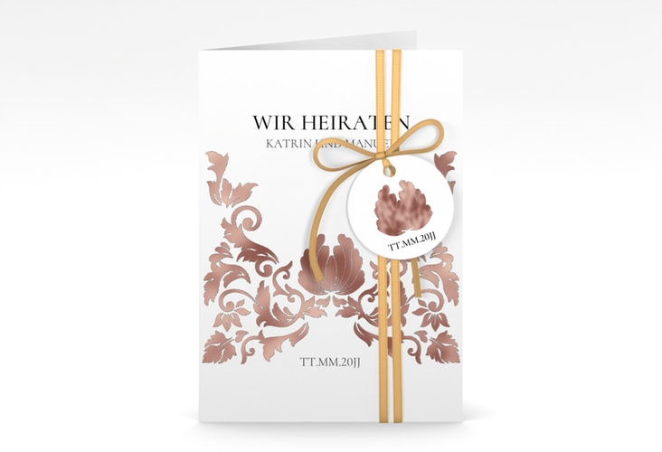 Einladungskarte Hochzeit Royal A6 Klappkarte hoch weiss rosegold mit barockem Blumen-Ornament