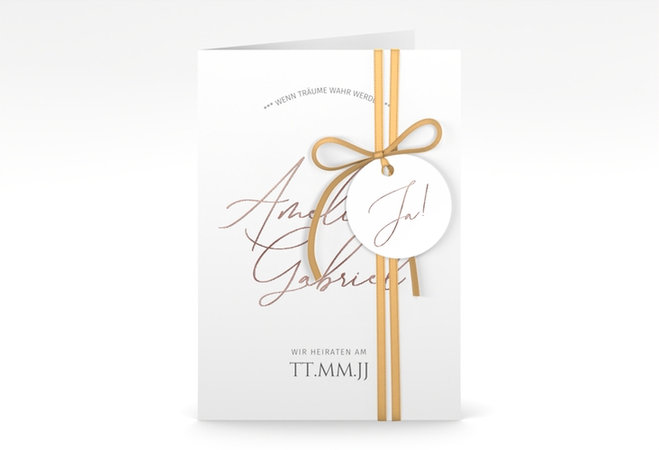 Einladungskarte Hochzeit Federschrift A6 Klappkarte hoch weiss rosegold in schlichtem Design mit Kalligrafie