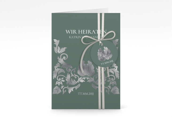 Einladungskarte Hochzeit Royal A6 Klappkarte hoch gruen silber mit barockem Blumen-Ornament