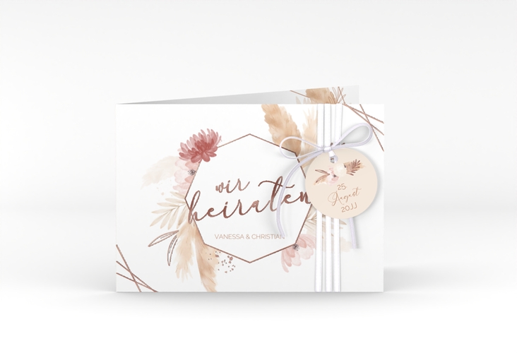 Hochzeitseinladung Bohostyle A6 Klappkarte quer beige rosegold mit Pampasgras in Aquarell