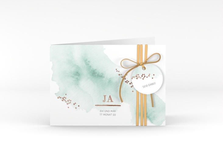 Hochzeitseinladung Pastell A6 Klappkarte quer mint rosegold