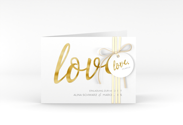 Hochzeitseinladung Glam A6 Klappkarte quer weiss gold