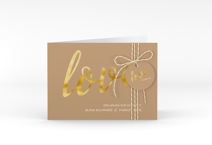 Hochzeitseinladung Glam A6 Klappkarte quer beige gold