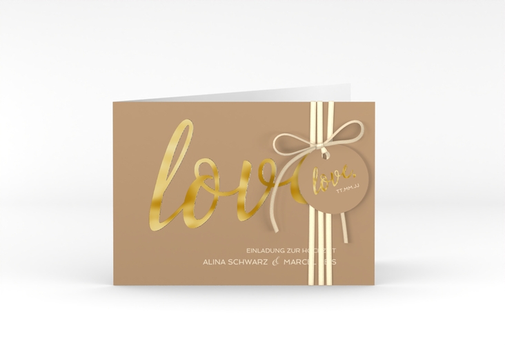 Hochzeitseinladung Glam A6 Klappkarte quer beige gold