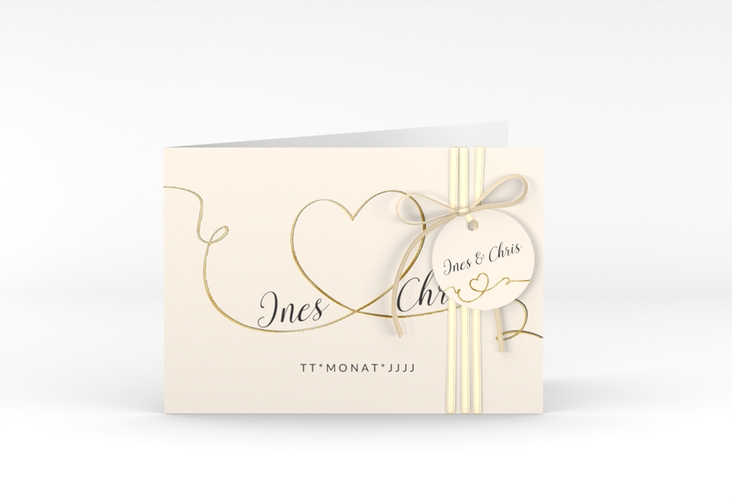 Hochzeitseinladung Dolce A6 Klappkarte quer beige gold