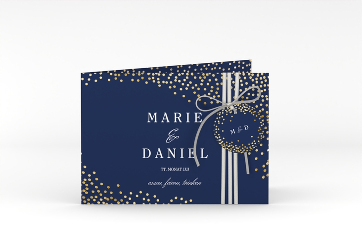 Hochzeitseinladung Glitter A6 Klappkarte quer blau gold