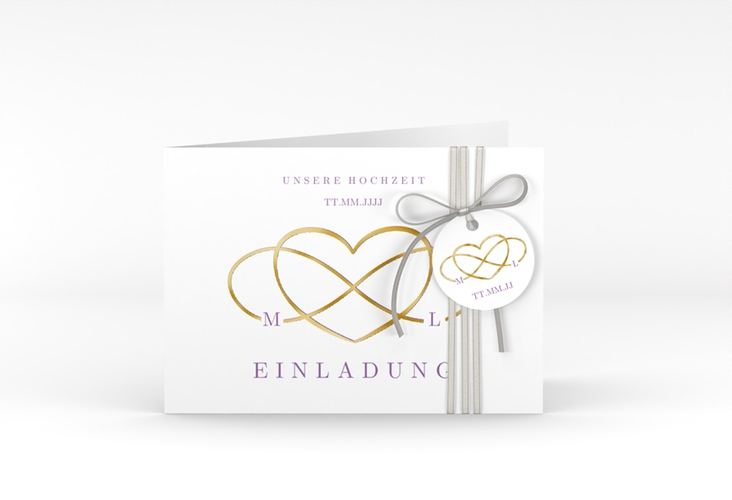 Hochzeitseinladung Infinity A6 Klappkarte quer lila gold