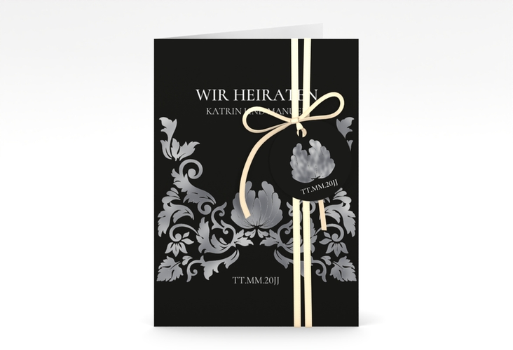 Einladungskarte Hochzeit Royal A6 Klappkarte hoch schwarz silber mit barockem Blumen-Ornament