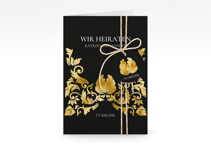 Einladungskarte Hochzeit Royal A6 Klappkarte hoch schwarz gold mit barockem Blumen-Ornament