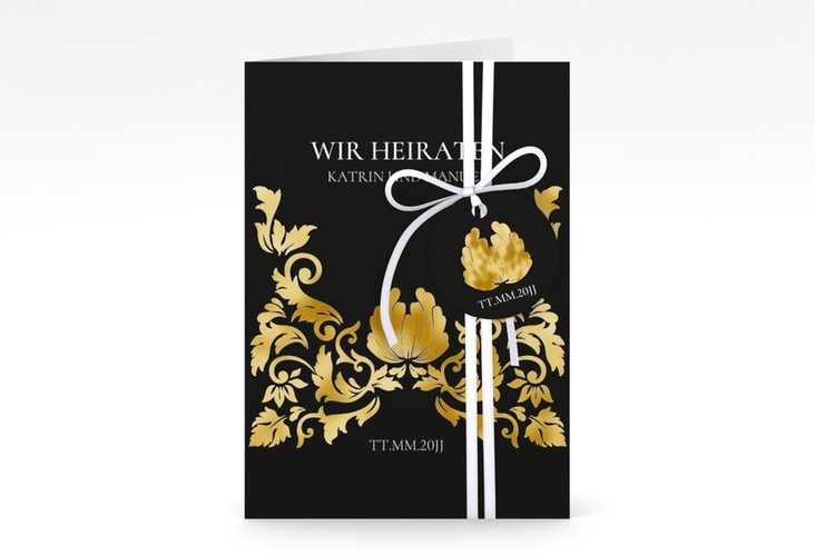 Einladungskarte Hochzeit Royal A6 Klappkarte hoch schwarz gold mit barockem Blumen-Ornament