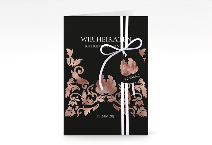 Einladungskarte Hochzeit Royal A6 Klappkarte hoch schwarz rosegold mit barockem Blumen-Ornament