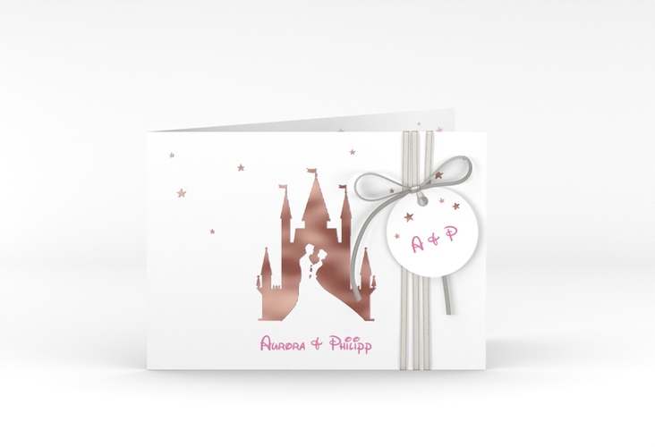 Hochzeitseinladung Castle A6 Klappkarte quer rosa rosegold