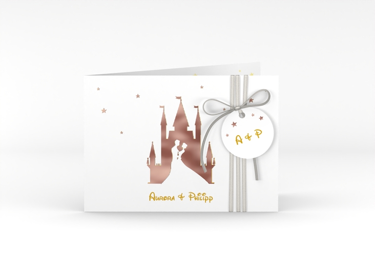 Hochzeitseinladung Castle A6 Klappkarte quer gold rosegold