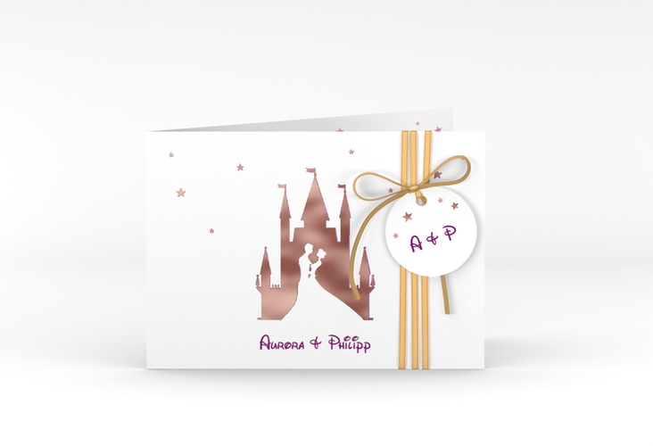 Hochzeitseinladung Castle A6 Klappkarte quer pink rosegold