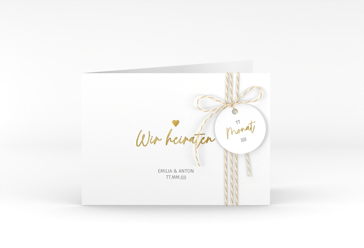 Hochzeitseinladung Herzschlag A6 Klappkarte quer weiss gold schlicht und elegant mit Herzchen