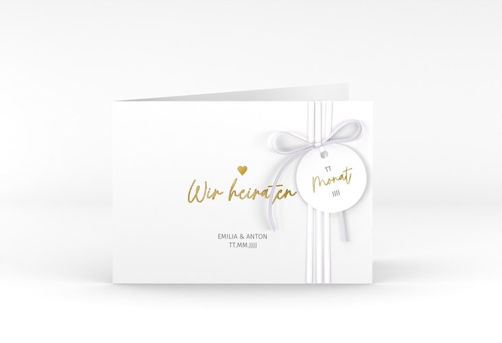 Hochzeitseinladung Herzschlag A6 Klappkarte quer weiss gold schlicht und elegant mit Herzchen