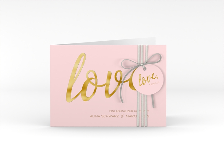 Hochzeitseinladung Glam A6 Klappkarte quer rosa gold