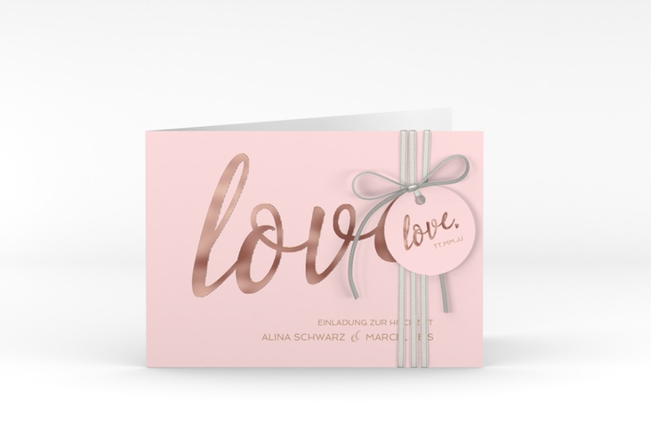 Hochzeitseinladung Glam A6 Klappkarte quer rosa rosegold