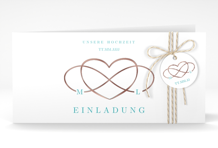 Hochzeitseinladung Infinity lange Klappkarte quer tuerkis rosegold