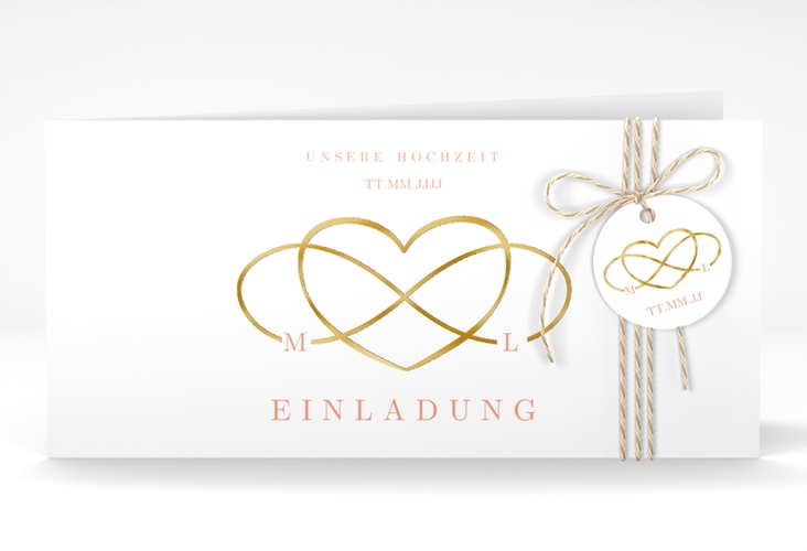 Hochzeitseinladung Infinity lange Klappkarte quer apricot gold