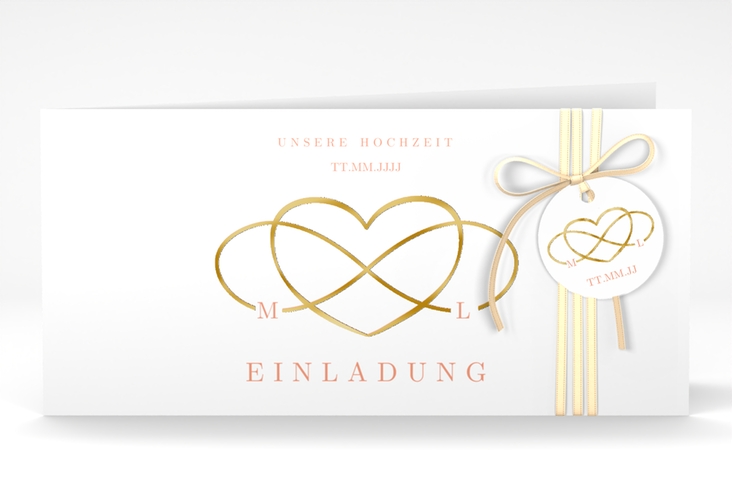 Hochzeitseinladung Infinity lange Klappkarte quer apricot gold