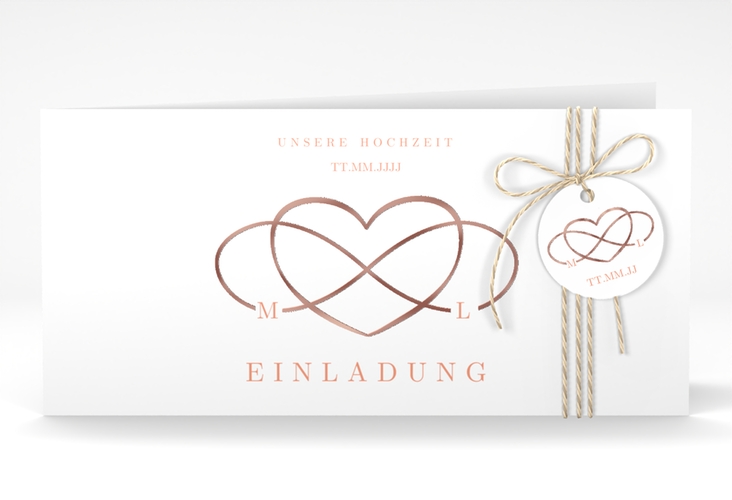 Hochzeitseinladung Infinity lange Klappkarte quer apricot rosegold