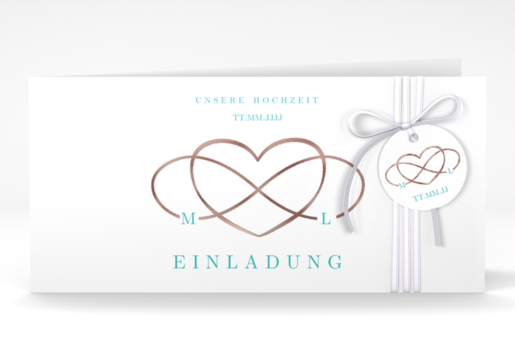 Hochzeitseinladung Infinity lange Klappkarte quer tuerkis rosegold