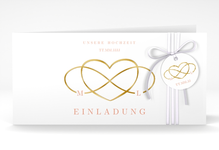 Hochzeitseinladung Infinity lange Klappkarte quer apricot gold