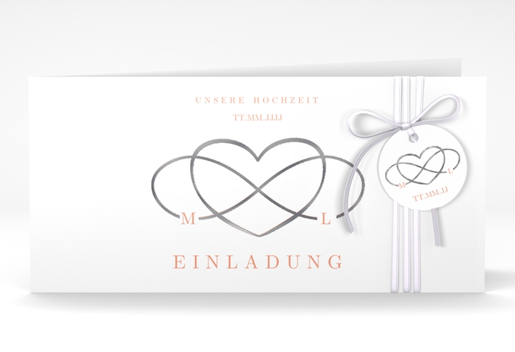 Hochzeitseinladung Infinity lange Klappkarte quer apricot silber