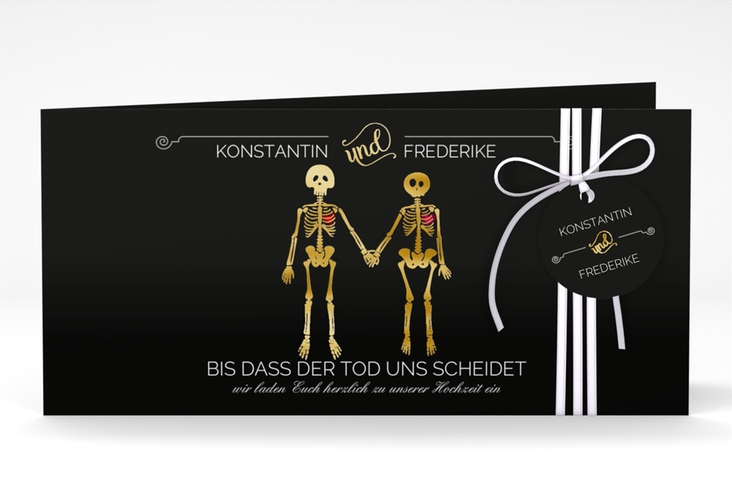 Hochzeitseinladung Bones lange Klappkarte quer schwarz gold