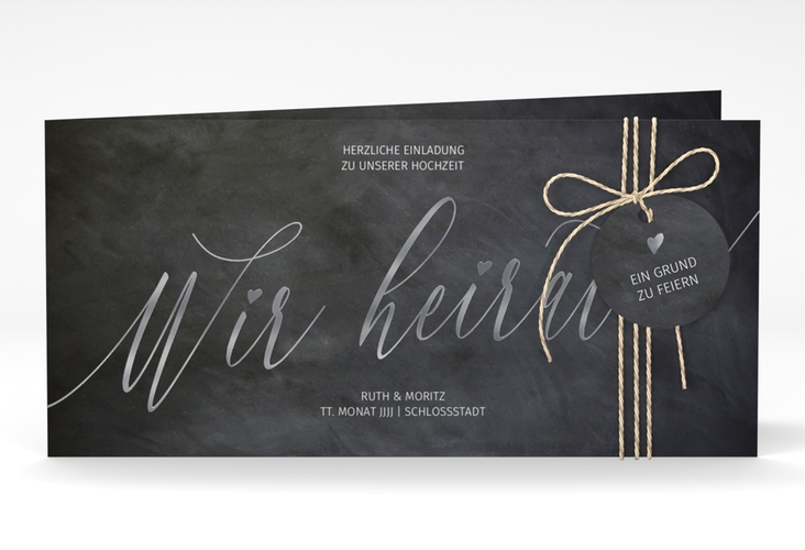 Hochzeitseinladung Chalkboard lange Klappkarte quer schwarz silber mit Folienveredelung