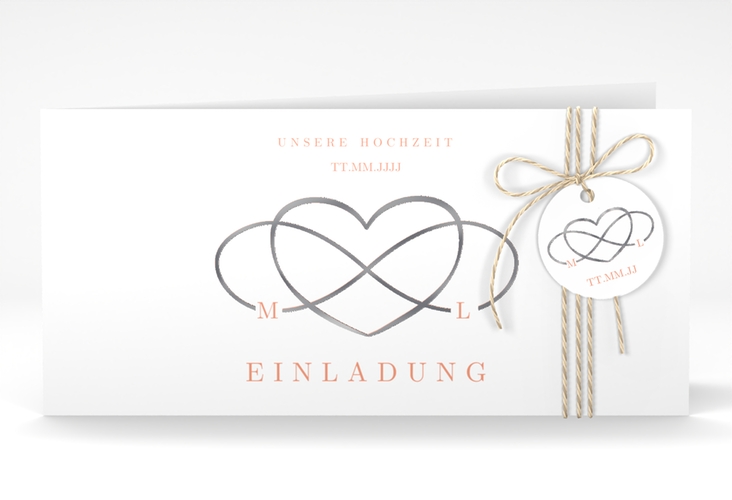 Hochzeitseinladung Infinity lange Klappkarte quer apricot silber