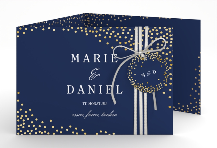 Hochzeitseinladung Glitter A6 Doppel-Klappkarte blau gold