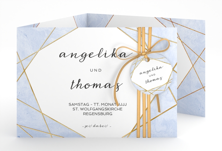 Hochzeitseinladung Asymmetry A6 Doppel-Klappkarte blau gold