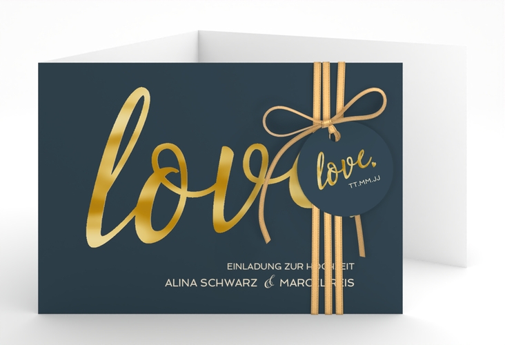 Hochzeitseinladung Glam A6 Doppel-Klappkarte blau gold